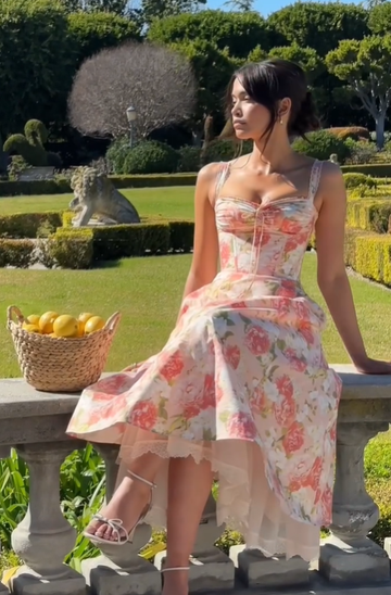 Sweet A Line Straps Corset Print Floral Satin Long Prom Dress Outfits HZ1023